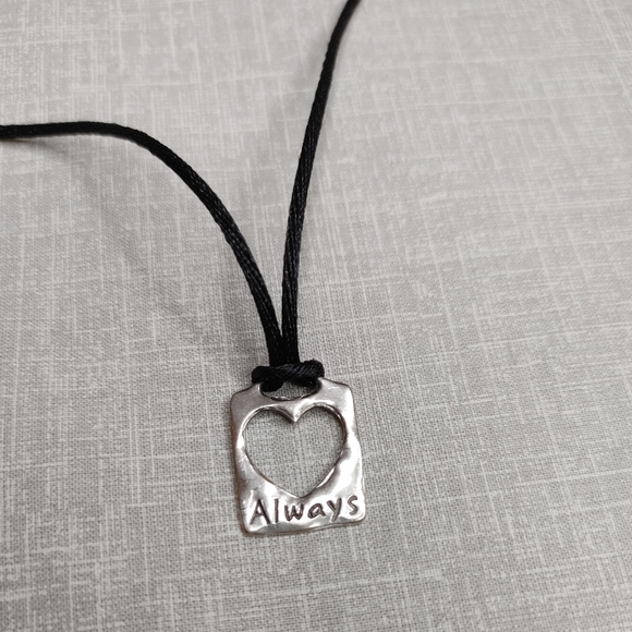 Jewelry - 925 Sterling Silver 'Always' Open Heart Tag Pendant Black Cord Necklace 